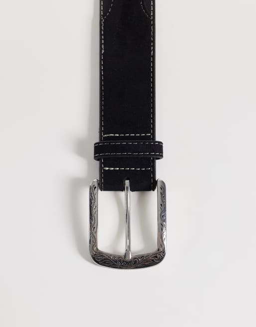 ASOS DESIGN suedette inlay faux leather belt with silver western pattern buckle in black, 2 of 3