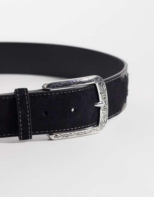 ASOS DESIGN suedette inlay faux leather belt with silver western pattern buckle in black, 3 of 3