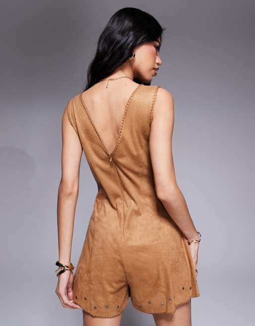 ASOS DESIGN suedette lace-up romper with stud detail in tan, 2 of 4