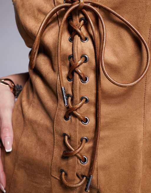 ASOS DESIGN suedette lace-up romper with stud detail in tan, 3 of 4