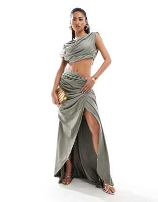 Asos Design Suedette Maxi Dress With Slashed Neck In Khaki Green