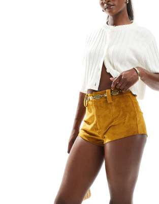 ASOS DESIGN suedette micro shorts in tan-Brown