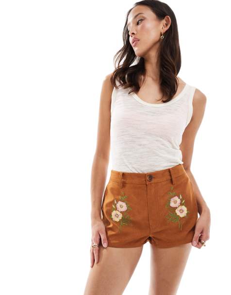 ASOS DESIGN suedette micro shorts with embroidery in tan - view 1