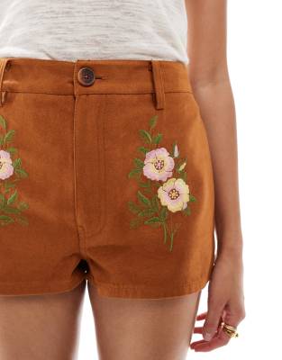 Asos Design Suedette Micro Shorts With Embroidery In Brown