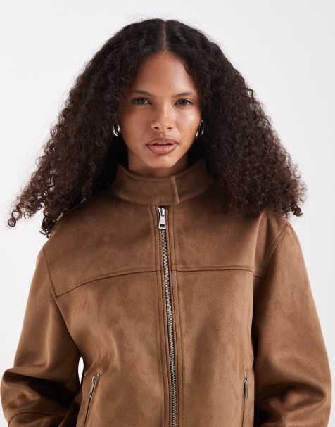 ASOS DESIGN suedette motorsport biker jacket in tan - view 1