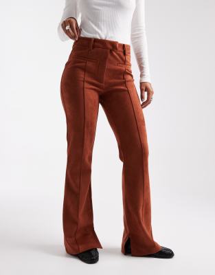 Asos Design Suedette Patch Pocket Flare Pants In Brown