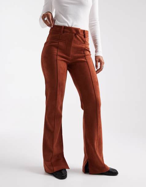ASOS DESIGN suedette patch pocket flare trousers in brown - view 1