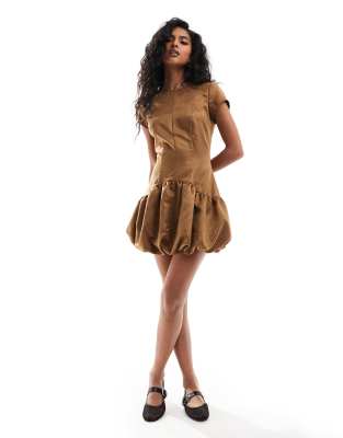 suedette puffball mini dress in tan-Neutral