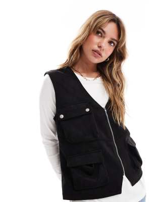 ASOS DESIGN suedette relaxed gilet with hardware details in black