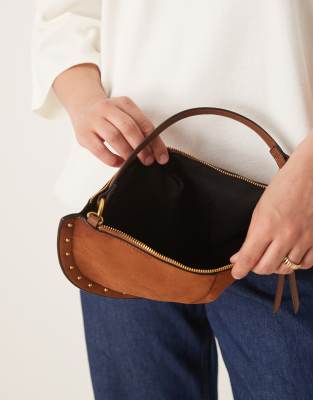 Asos Design Suedette Scoop Studded Shoulder Bag In Brown