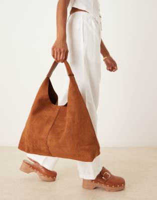 Asos Design Suedette Scoop Studded Shoulder Bag In Brown