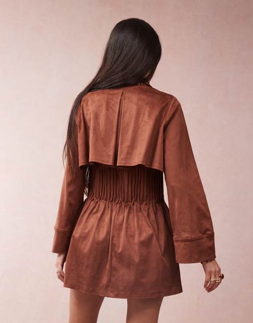 ASOS DESIGN suedette shirt mini dress with cinched pleat waist in chocolate, 4 of 4