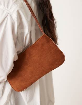 Asos Design Suedette Shoulder Bag With Skinny Straps In Brown