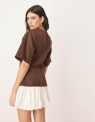 Shop Asos Design Suedette T-shirt Mini Dress With Bubble Hem In Brown