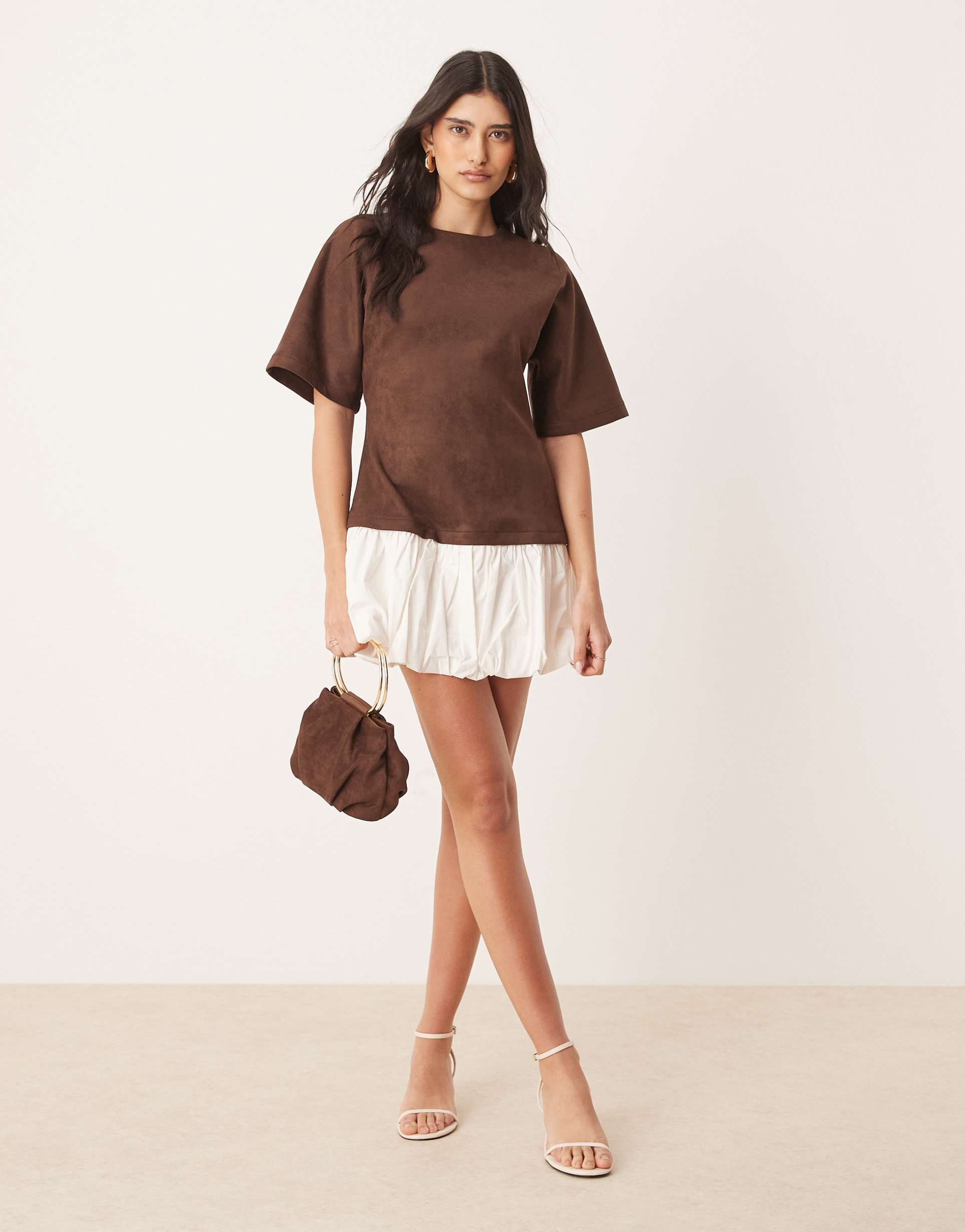 asos design suedette t-shirt mini dress with bubble hem in brown