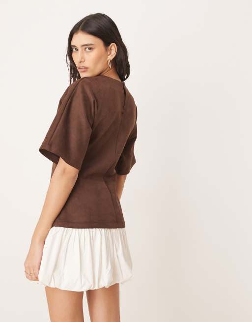 ASOS DESIGN suedette t-shirt mini dress with bubble hem in brown, 2 of 4