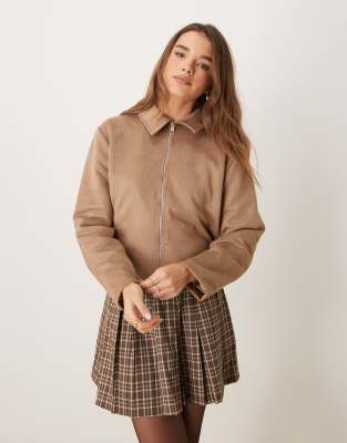 suedette top collar jacket in stone-Brown