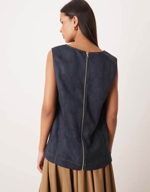 ASOS DESIGN suedette top with contrast stitch in navy, 3 of 4