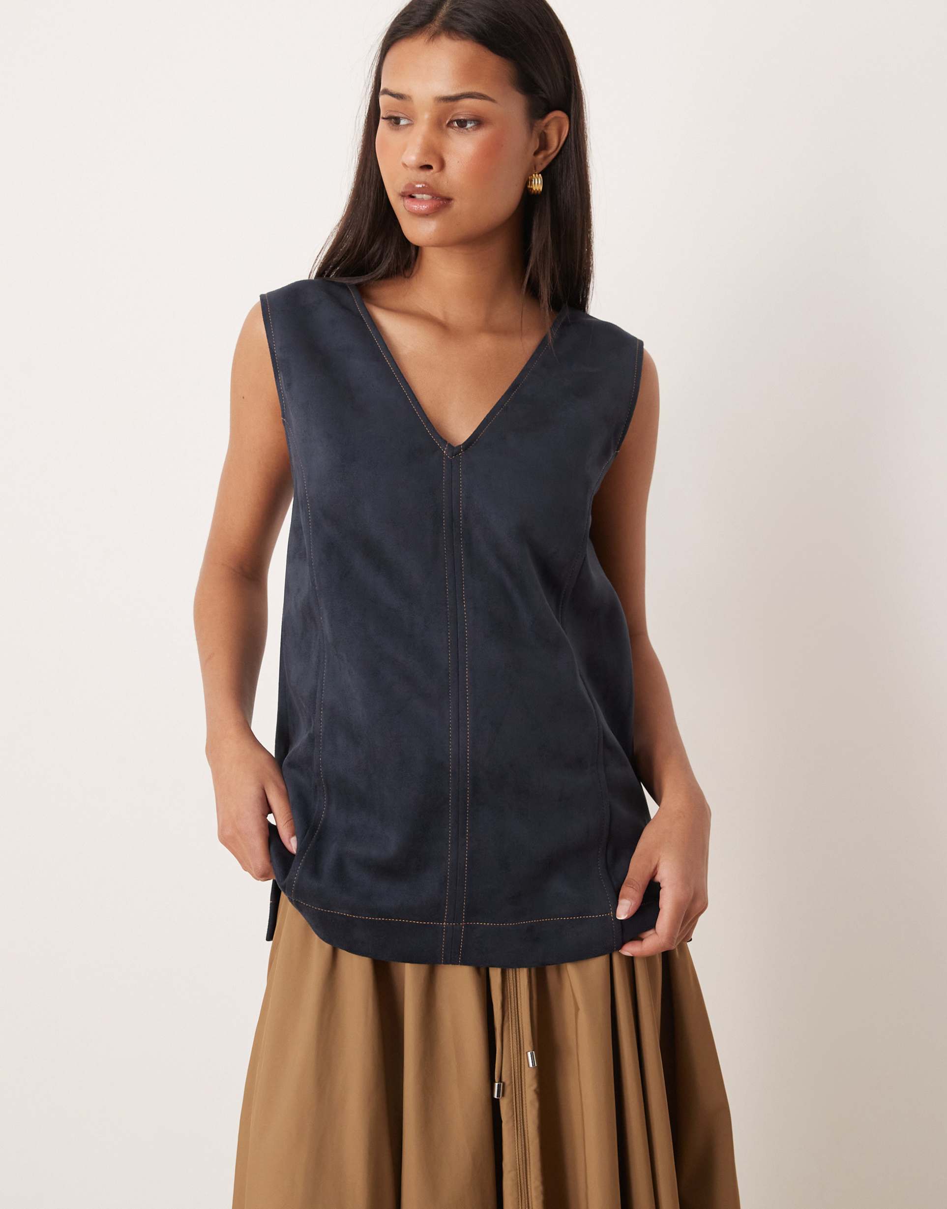 asos design suedette top with contrast stitching in navy