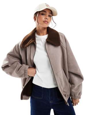 Asos Design Suedette Zip Through Jacket With Borg Colour In Brown