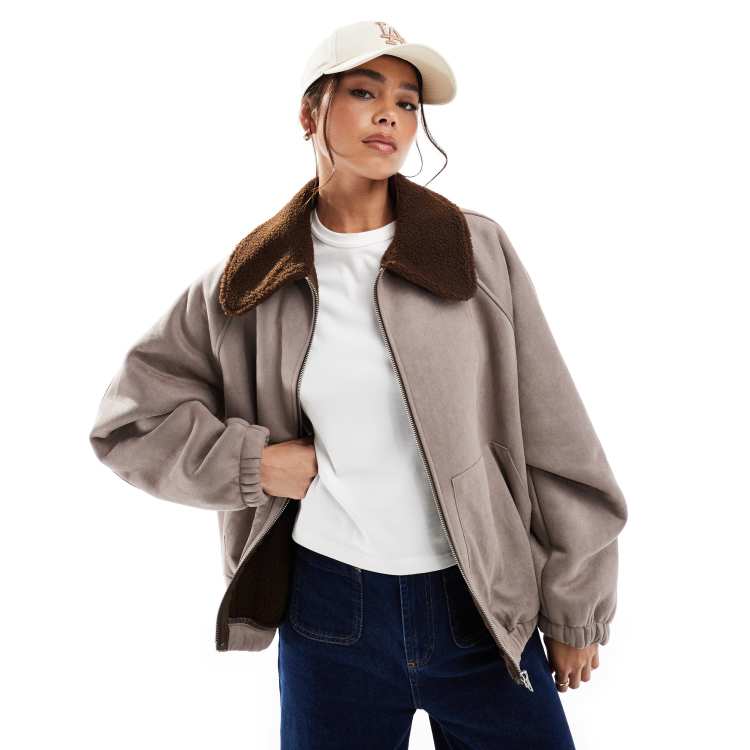 ASOS DESIGN suedette zip through jacket with borg colour in brown ASOS