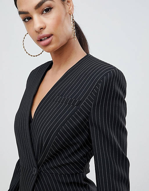 ASOS DESIGN suit blazer with sharp shoulders in cut about pinstripe