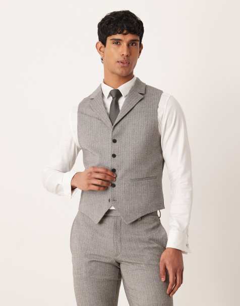 ASOS DESIGN suit waistcoat in grey herringbone flannel - view 1