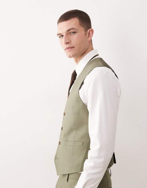 ASOS DESIGN suit waistcoat in olive green linen rich, 3 of 5