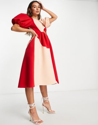 ASOS DESIGN – Sukienka balowa midi z bufkami, głębokim dekoltem, skręceniem i wycięciem w kontrastowych kolorach