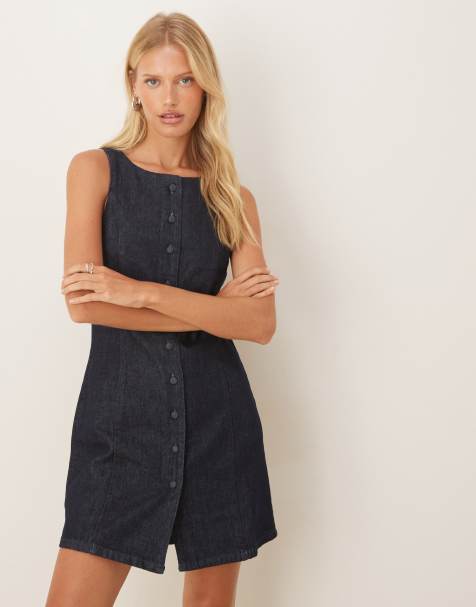 ASOS DESIGN denim button through waistcoat dress in dark rinse