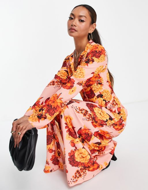 ASOS DESIGN – Sukienka koszulowa maxi zapinana na guziki ze wstawkami i kwiatowym wzorem w stylu lat 70.