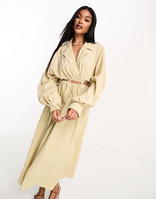 ASOS DESIGN – Sukienka koszulowa midi z fakturowanej bawełny z wycięciem w kolorze naturalnym