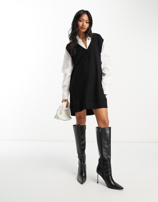 ASOS DESIGN – Sukienka koszulowa mini 2 w 1 z czarną dzianinową narzutką