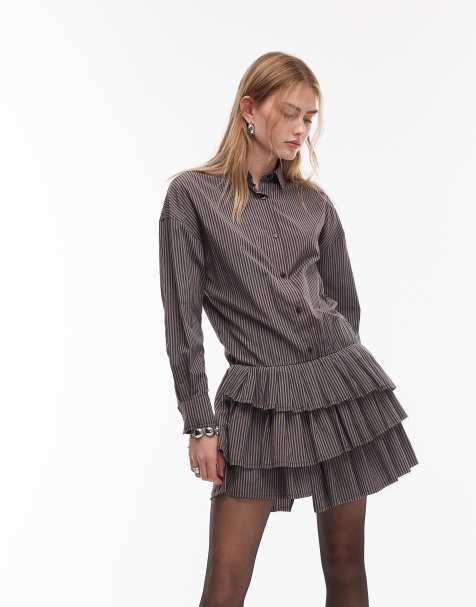 ASOS DESIGN – Sukienka koszulowa mini w brązowo-niebieskie paski z obniżonym stanem i plisowaną spódnicą - view 1