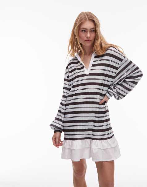 ASOS DESIGN – Sukienka koszulowa mini w stylu rugby w niebieskie paski z popelinową spódnicą - view 1