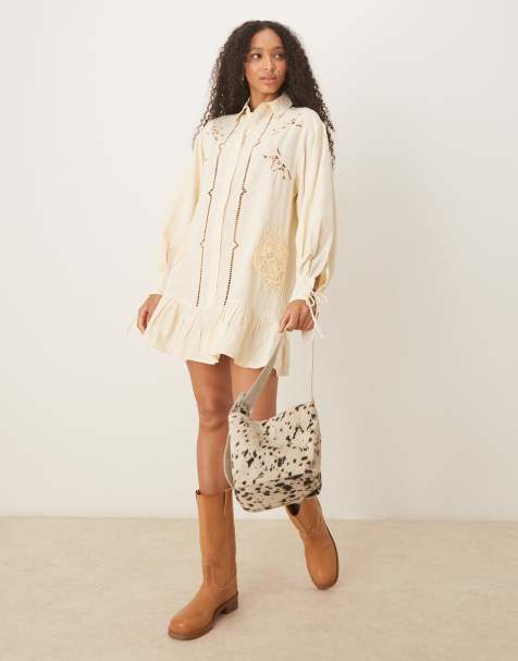 ASOS DESIGN twill broderie mini shirt dress with tonal stitching in ecru