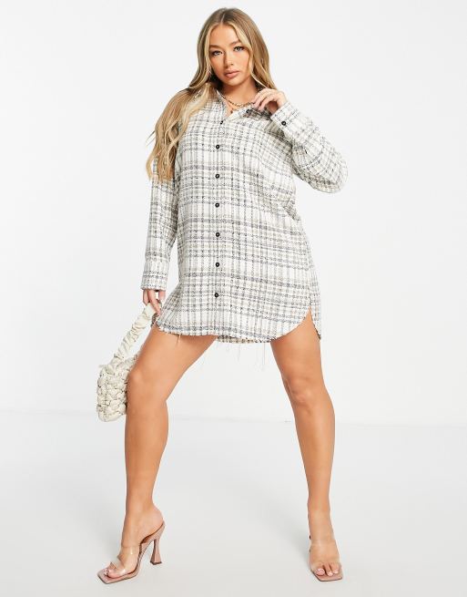 ASOS DESIGN – Sukienka koszulowa mini z materiału boucle, o fasonie boyfriend, z napami