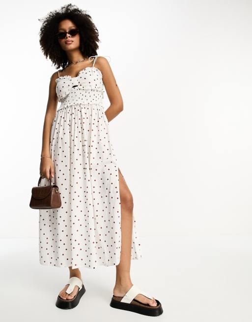 ASOS DESIGN – Sukienka letnia midi z marszczoną talią i kokardką na biuście w brązowe groszki 