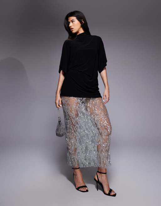 ASOS DESIGN – Sukienka maxi 2 w 1: T-shirt z krótkimi rękawami i miętowa koronkowa spódnica z cekinami