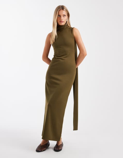 ASOS DESIGN – Sukienka maxi bez rękawów z ozdobnym szalikiem z materiału interlock w kolorze khaki - view 1