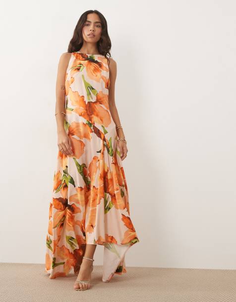 ASOS DESIGN sukienka maxi bez rękawów z wykończeniem hanky w pomarańczowy kwiatowy wzór - view 1