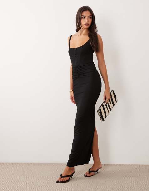 ASOS DESIGN sukienka maxi gorsetowa z dekoltem w kształcie litery U i zapięciem na haftki, czarna - view 1