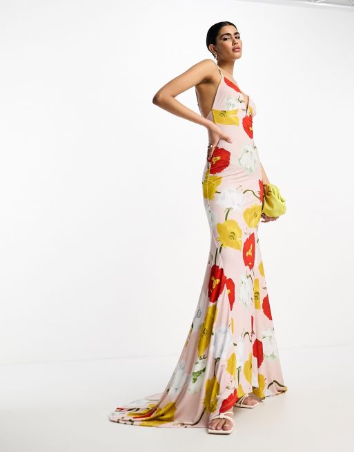 ASOS DESIGN – Sukienka maxi na cienkich ramiączkach z wycięciem w szpic i fiszbinami w duży kwiatowy wzór