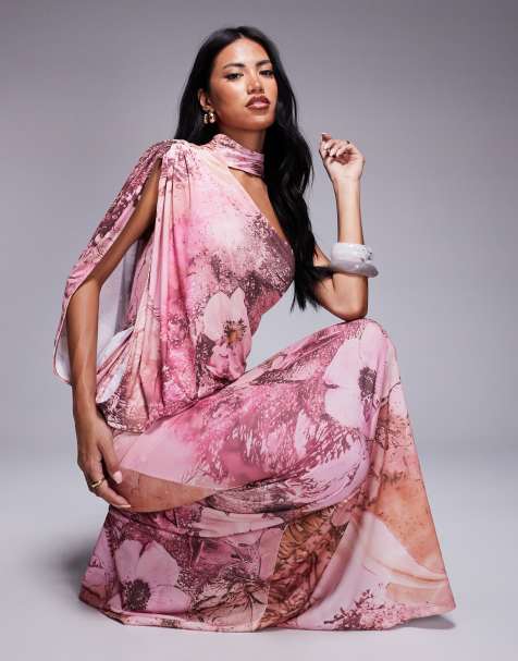 ASOS DESIGN one shoulder drape maxi dress with cape detail in floral print