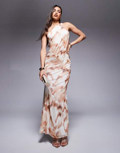 ASOD DESIGN one shoulder with ruching detail maxi dress in print