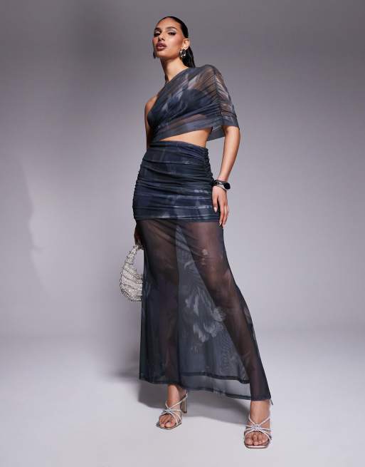 ASOS DESIGN – Sukienka maxi na jedno ramię z marszczoną górą i prześwitującą spódnicą w rozmyty wzór