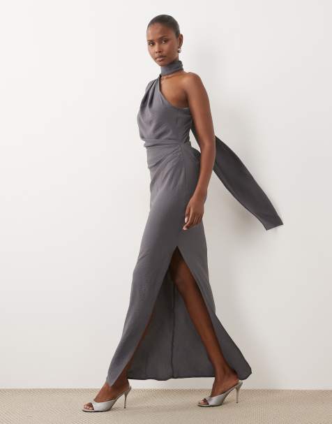 ASOS DESIGN sukienka maxi na jedno ramię z marszczoną talią i szalikiem w niebieskoszarym kolorze - view 1