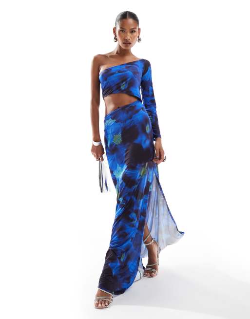 ASOS DESIGN – Sukienka maxi na jedno ramię z wycięciem w ciemnoniebieski kwiatowy wzór