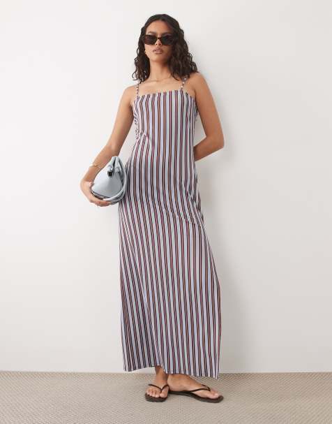 ASOS DESIGN – Sukienka maxi na ramiączkach z dekoltem karo i rozcięciem z boku w paski - view 1