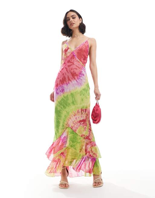 ASOS DESIGN – Sukienka maxi na ramiączkach z dekoltem w szpic, surowym wykończeniem i skrzyżowanym paskiem na plecach